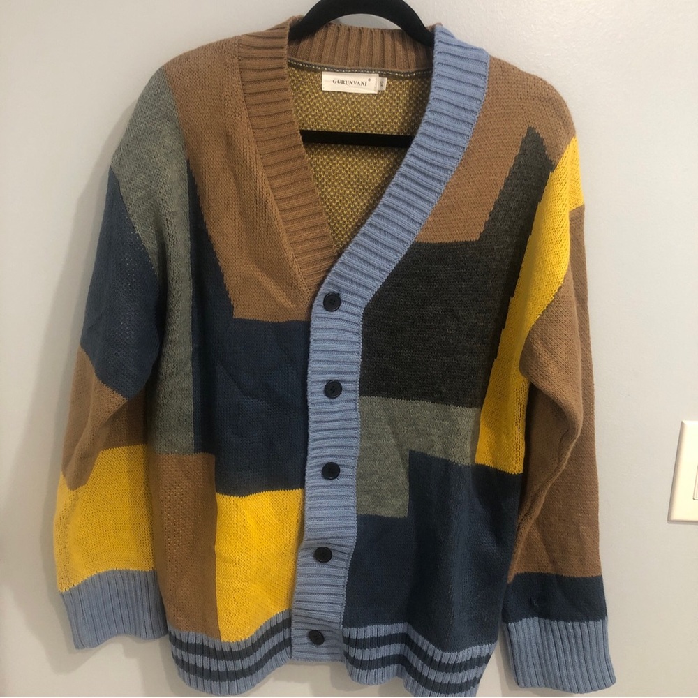 Gurunvani Color Block Knit Cardigan MultiColor Geometric Oversized Sz XS unisex